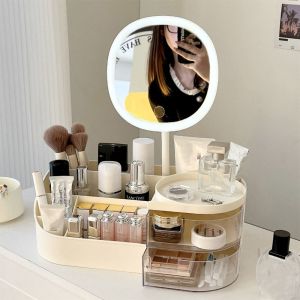 CANICE with LED Mirror Cosmetic Storage Box Multi Grid Large Capacity Desktop Storage Box Lipstick Organizer