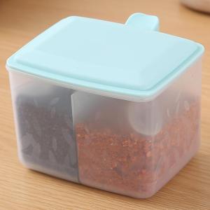 Two Compartments 2-in-One Seasoning Storage Box Container Condiment Jars Flip with Spoons Lid Handle Spice Salt Sugar Pots