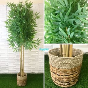 Pohon Artificial Daun Bambu Hijau T150 Latex Cover Pot Anyaman Seagrass Variasi Warna Dekorasi Studio Aesthetic