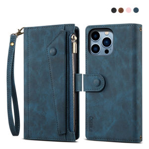 แบบพับสุดหรูเคสสำหรับ Apple iPhone หนังตั้งได้11121314 Pro Max 1213Mini 666S 7 8 Plus X XR XS Max เคสแบบกระเป๋าสตางค์ซิปพร้อมสายรัดสั้นเชือกยาวช่องเสียบการ์ด RFID กระเป๋าใส่ของโทรศัพท์