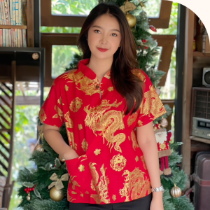 เสื้อผ้าฝ้ายคอจีนหญิงตรุษจีน สีแดงลายมงคลมังกรทอง