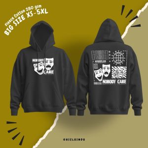 Hoodie Jumper Sweater Pocket Black Colour Nobody Care Big Size XS-5XL Bahan Fleece Katun