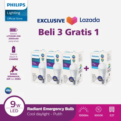 [Exclusive Lazada] Lampu Philips Beli 3 Gratis 1 Philips Radiantline Emergency LEDBulb 9W E27 6500K 230V Putih
