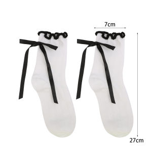 【♡Lovely girls house♡】Thin French Ribbon Lace Bow Socks Womens Mid-Tube Socks Summer Simple Solid Color Lolita Socks