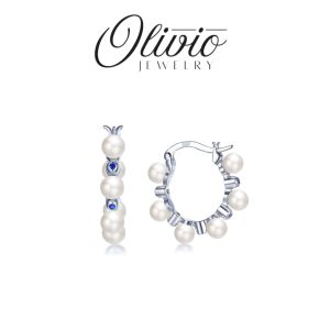 Olivio 925 Sterling Silver Pearls Huggie Earrings with Crystals - Elegant Jewelry Gift for Her