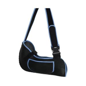 Black and blue arm sling with adjustable strap and pocket for support and convenience.