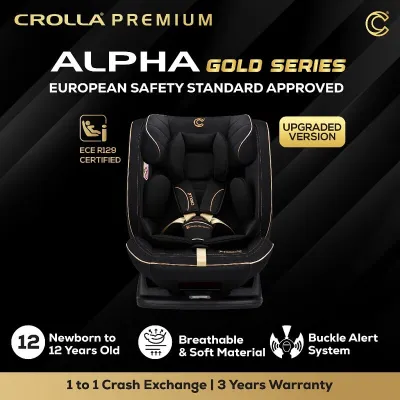 Crolla Premium Alpha R129 Car Seat with Buckle System Alert - Gold (New Born to 25kg)