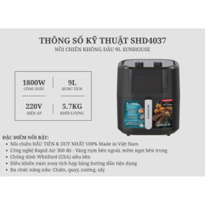 Nồi chiên không dầu 9L SUNHOUSE SHD4090 màn hình cảm ứng có kính quan sát - Chính hãng