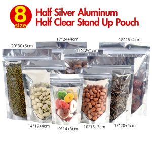 100pcs Half Silver Aluminum Half Clear Stand Up Pouch Resealable