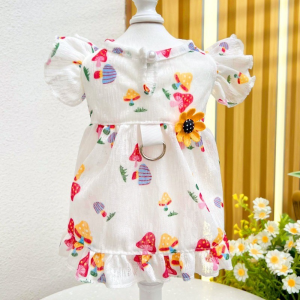 Flying Sleeves Dog Dress Mushroom Heart Printing Cat Skirt with Buckle Breathable Pet Clothes Outfit