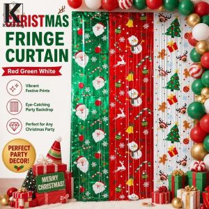 Keranixy Christmas Decorations Christmas Tinsel Foil Fringe Curtain Self-adhesive Party Backdrop With Festive Prints For Wall Decor