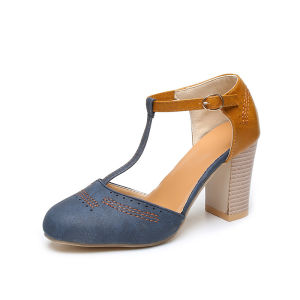 [Free Shipping] Plus-size high-heeled shoes fashionable hollow-out T-strap chunky heel womens shoes color-blocked shallow sandals trendy