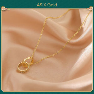 ASIX GOLD 916 gold high-quality design sense diamond double ring pendant clavicle chain ladies necklace exquisite gifts will not blacken will not peel off