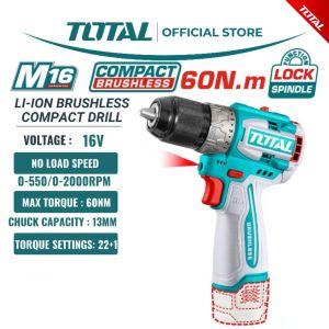 【TOTAL】16V Brushless Lithium Impact Drill | 60Nm Torque | Dual Speed Metal Chuck | With 16pcs Drill Bit Set + 2.0Ah/4.0Ah Batteries | Fast Charger | Household Power Tool