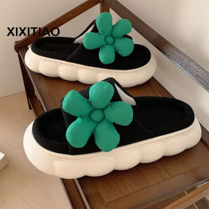 XIXITIAO Fashion Fairy Style Small Green Pattern Slippers Four Seasons Universal Indoor Mute Thick Bottom Female Summer Cotton Slippers