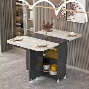 Folding table household small rectangular simple and easy to function with wheels moving dining table 4 people