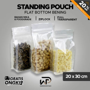 ( 50 Pcs ) Standing Pouch Flat Bottom Bening 20 x 30 cm | Kemasan Kopi Snack | Kemasan Ziplock Bening | Kemasan Flat Bottom bening