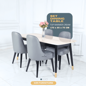 set meja makan top marmer krem kursi 4pc kaki kayu
