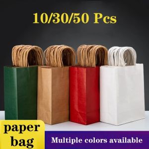 10PCS Thickened Brown/Green Paper Bag Kraft Bag with Twine Handle for Packaging Hand Bag Gift Bag Paperbag