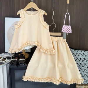 Bear Leader Summer New Girls Clothing Suits Korean Version Fashion Round Neck Pleated Lace Irregular Hem Sleeveless Vest Top+skirt Two-piece Clothes Set 4-7Y Kids Outfits Children Plain Casual Wear