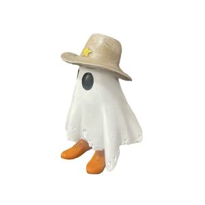 PELLETIZING With Hat And Boots Cowboy Ghost Statue Seasonal Charming Addition Resin Craft Halloween Ghost Ornaments Cute Handmade Ghost Figurines Statue Bedside Desk