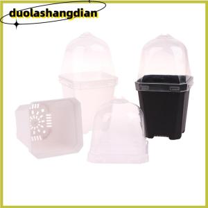 [Duola] 5Pcs Square Small Flower Pot with Humidity Dome Seedlings Planting Pots