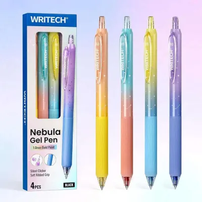 WRITECH Gel Pens Fine Point 0.7mm Black Ink Retractable 6ct with Gradient Color Barrel Soft Vertical Stripe Silicone Grip & Detachable Design Note Taking Silent Click No Smear Nebula Pen Set