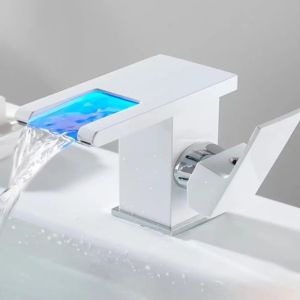 Creative Waterfall Basin Mixer with LED Light Feature Black Body Adjustable Temperature Tap for Indoor Bathroom Sink for Daily Use.