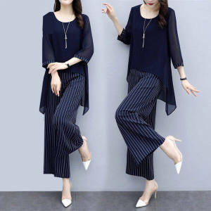 Chiffon Suit Female 2022 Summer New Loose Short Sleeve Chiffon Shirt + Wide Leg Pants Suit Set Women Korean OL Style 2pcs Set Women Clothes