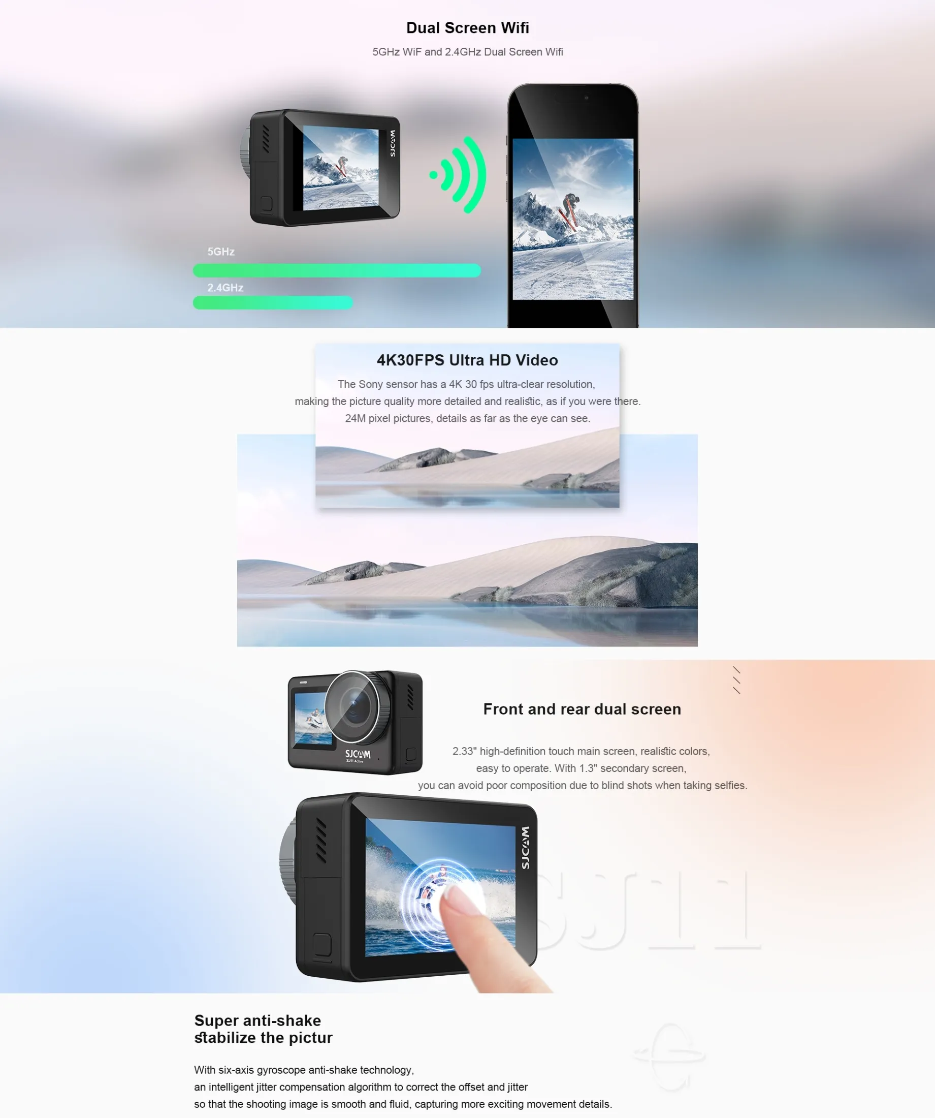 SJCAM SJ11 Active Dual Screen 4K 30FPS Action Camera ป้องกันการสั่นไหว Ultra HD รองรับการสตรีมสด GYRO 6 แกน WiFi ปรับได้ มุมกว้าง 154 องศา กล้องวิดีโอ Vlog สำหรับการดำน้ำ ท่องเทียว เดินป่า