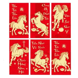 6 bộ chi tiết thư pháp Việt Nam bao lì xì đỏ featurings ngựa zodiacs thiết kế và vết bẩn kết cấu kháng