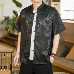 MenS Oversize Mandarin Collar Shirt Short Sleeve Summer Formal 5XL Plus Size Black White Red Retro Male Clothing
