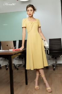 [Voucher 15% MOV 199K cap 100K  Đầm nữ dáng xòe HeraDG tay cộc nơ ngực sang trọng thanh lịch SDPBB3035-S