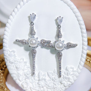 SEQUITO Trendy Design White Golden Plated Tear Drop Cross Shaped Dangle Earrings inlaid Cubic Zircon with Pearls Women Cocktail Party Jewelry SE990