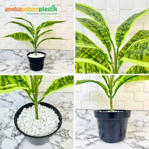 Pohon Imitasi Daun Artificial Lidah Mertua X9 Pot Dasar Hitam & Pot Melamine Putih Dekorasi Ruangan Aesthetic