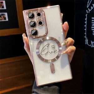 For Samsung Galaxy S24 Ultra S23 FE S22 S21 Plus Plating Love Heart For Magsafe Clear Case Soft Silicone Wireless Charging Phone Cover