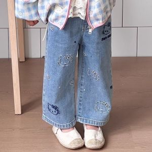 Autumn Kawaii Hello Kitty Sanrio Student Cute Cartoon Jeans Children Comfortable Warm Trousers Loose Trousers Gift for Kids