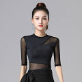 Black Latin Dance Short-sleeve Shirt Sexy Mesh Tops Women Professional Practice Clothes Female Ballroom Modern Dance Costumes. 