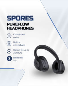SPORES PureFlow ANC Bluetooth Headphones | Wireless Over-Ear | 20H Playtime | 5-Mic ANC | Black