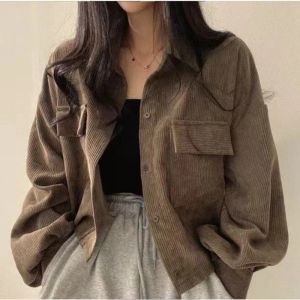 Qiqi Plus Size Corduroy Jacket Korean Stye Casual  Long Sleeve Plain Shirt  Tops Coats For Women 2957