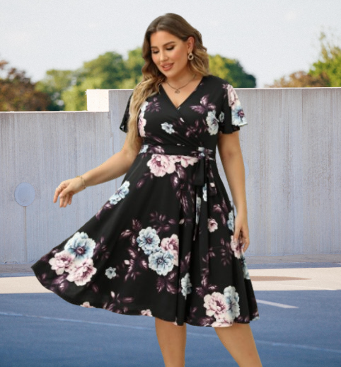 Plus Size Floral Print Belted Type V-Neck Casual Stunning Dress Lazada PH