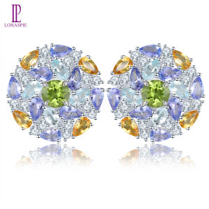 Lohaspie Jewelry Genuine 11.5 Carats Earrings Silver 925 Original Natural Peridot Tanzanite Citrine Stud Earring Citrine Earrings For Women Jewelry