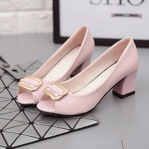 [Free Shipping] New Spring And Summer Korean-Style Peep-Toe High-Heeled Shoes Chunky-Heeled Slip-On Shoes Round-Toe Square Buckle Professional Work Sandals