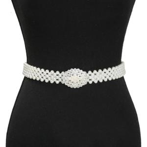 Women Elastic Waist Chain With Artificial Pearls And Crystals Adjustable Stretch Belt Accessory For Dresses And Parties