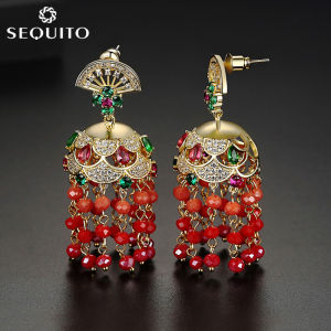 SEQUITO Bông Tai Tua Rua Hạt Dài Phong Cách Bohemian Hình Quạt CZ Cổ Điển Mặt Dây Chuyền Chuông Lớn To Bản Cho Nữ Đám Cưới Trang Sức SE259