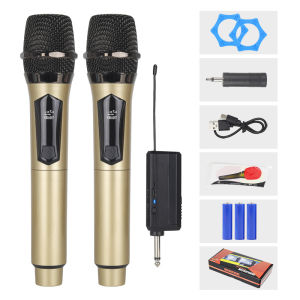 108 Dual Wireless Microphone System Grey Portable Handheld Mic with Receiver for Karaoke Singing Speech