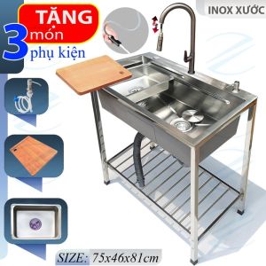 Chậu Rửa Chén Bát Inox Xước Có Chân 75x46cm Kèm Vòi Dây Rút Lạnh - Mua bộ có vòi Tặng 3 món phụ kiện