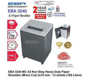 EBA 3240 MC A3 Non Stop Heavy Duty Paper Shredder (Micro Cut) 2x15 mm - 13 sheets (165 Liters) 3240C (non stop micro Cut Heavy Duty Mesin Perincih