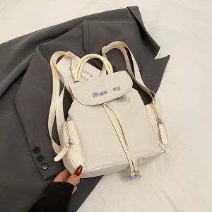 MIRACLE HOME STORE Letter Embroidery Drawstring Backpack Solid Color Nylon Students School Bag Creative Travel Bag Shoulder Bag Outdoor