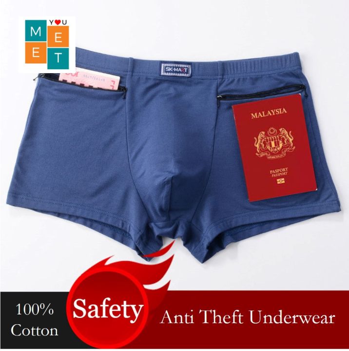 Cotton Men Underwear AntiTheft Solid Pocket Zipper Antibacterial